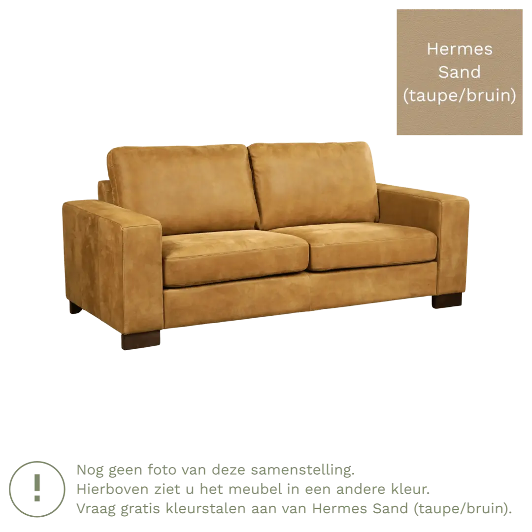 afbeelding van Leren bank Enjoy - 2,5 zits - Hermes Sand (taupe/bruin) - Poten hout bruin
