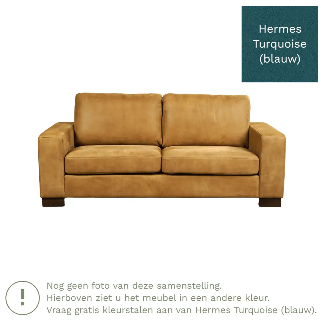 afbeelding van Leren bank Enjoy - 2,5 zits - Hermes Turquoise (blauw) - Poten hout bruin