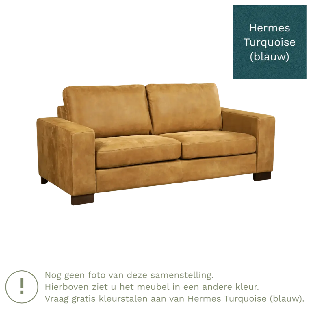 afbeelding van Leren bank Enjoy - 2,5 zits - Hermes Turquoise (blauw) - Poten hout bruin