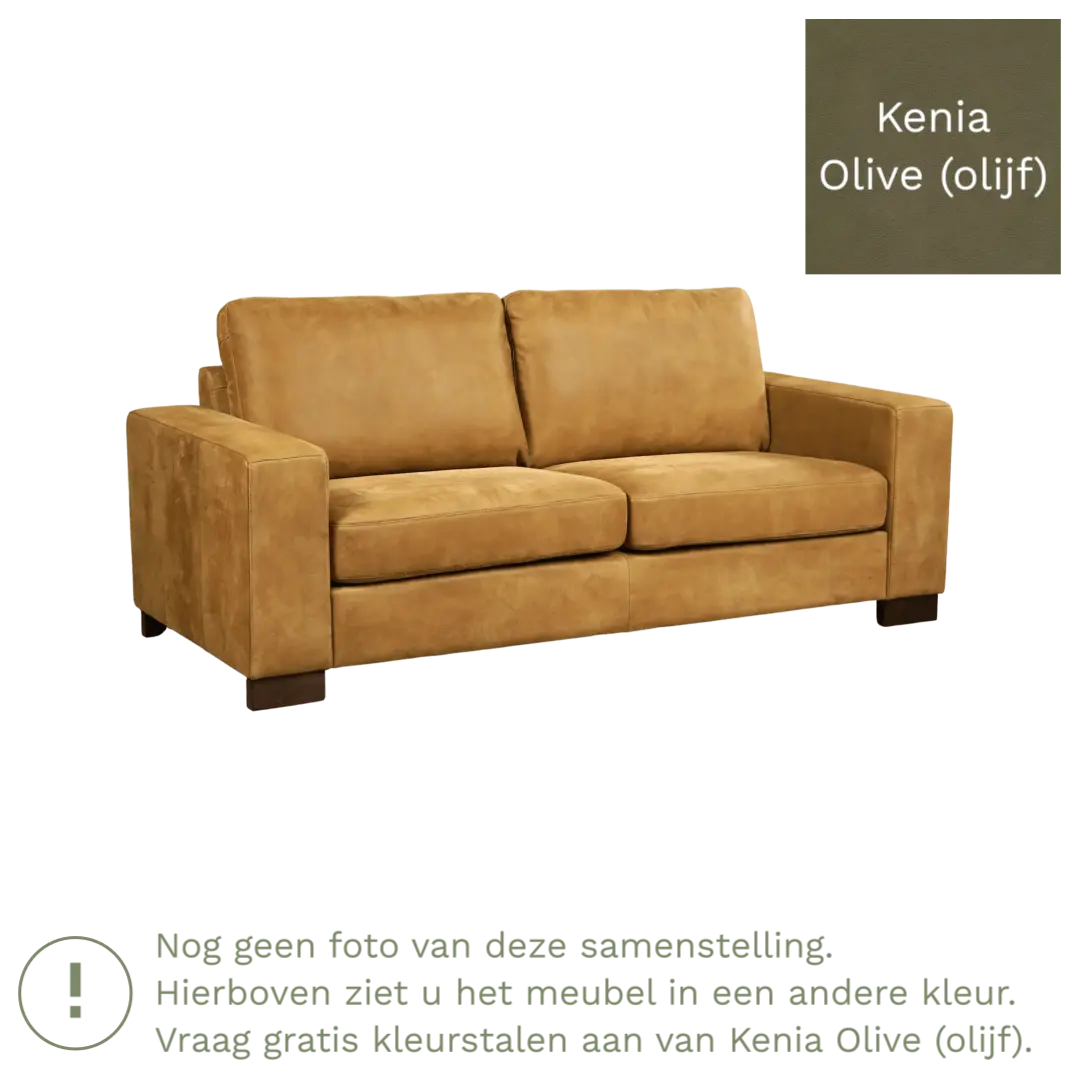 afbeelding van Leren bank Enjoy - 2,5 zits - Kenia Olive (olijf) - Poten hout bruin