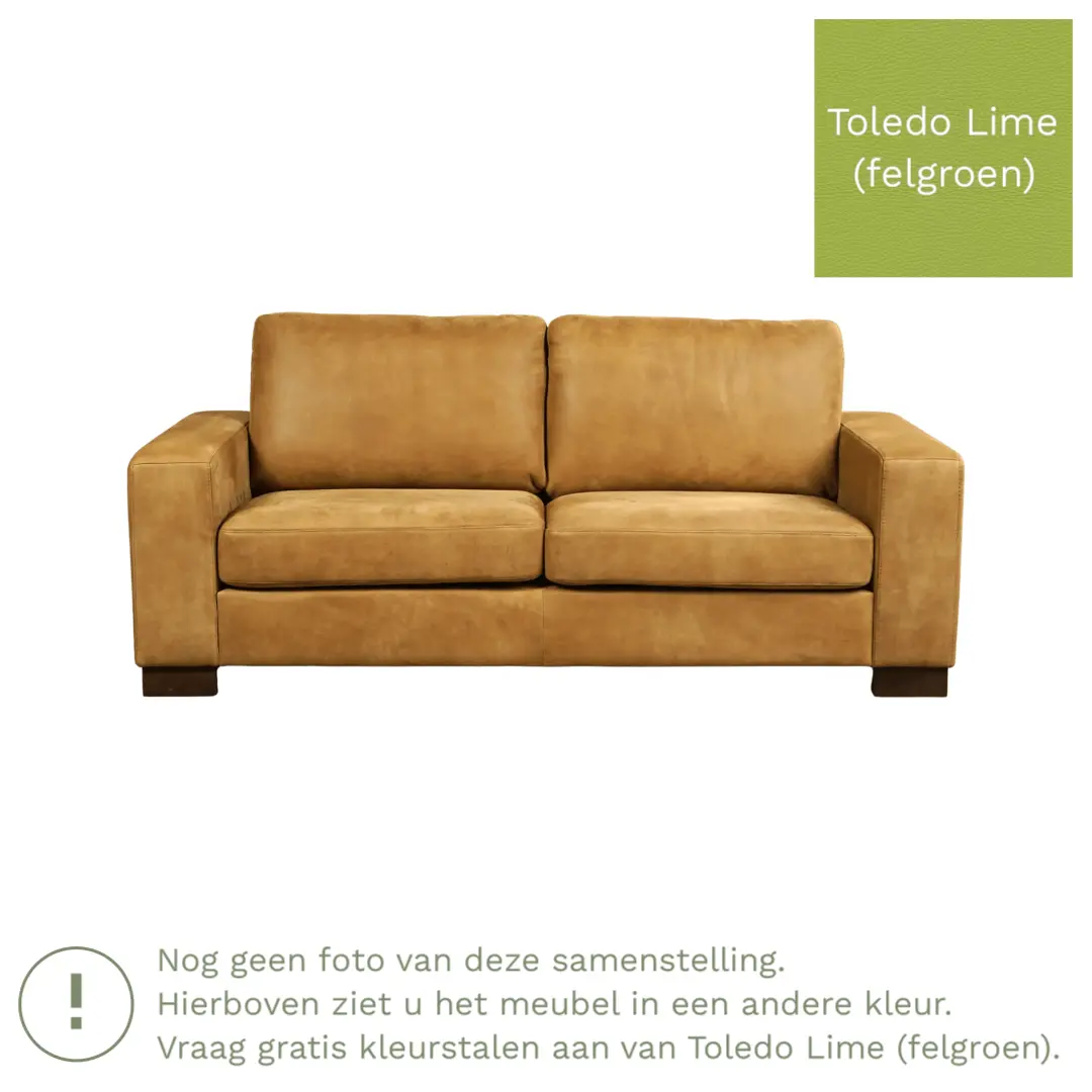 afbeelding van Leren bank Enjoy - 2,5 zits - Toledo Lime (felgroen) - Poten hout bruin