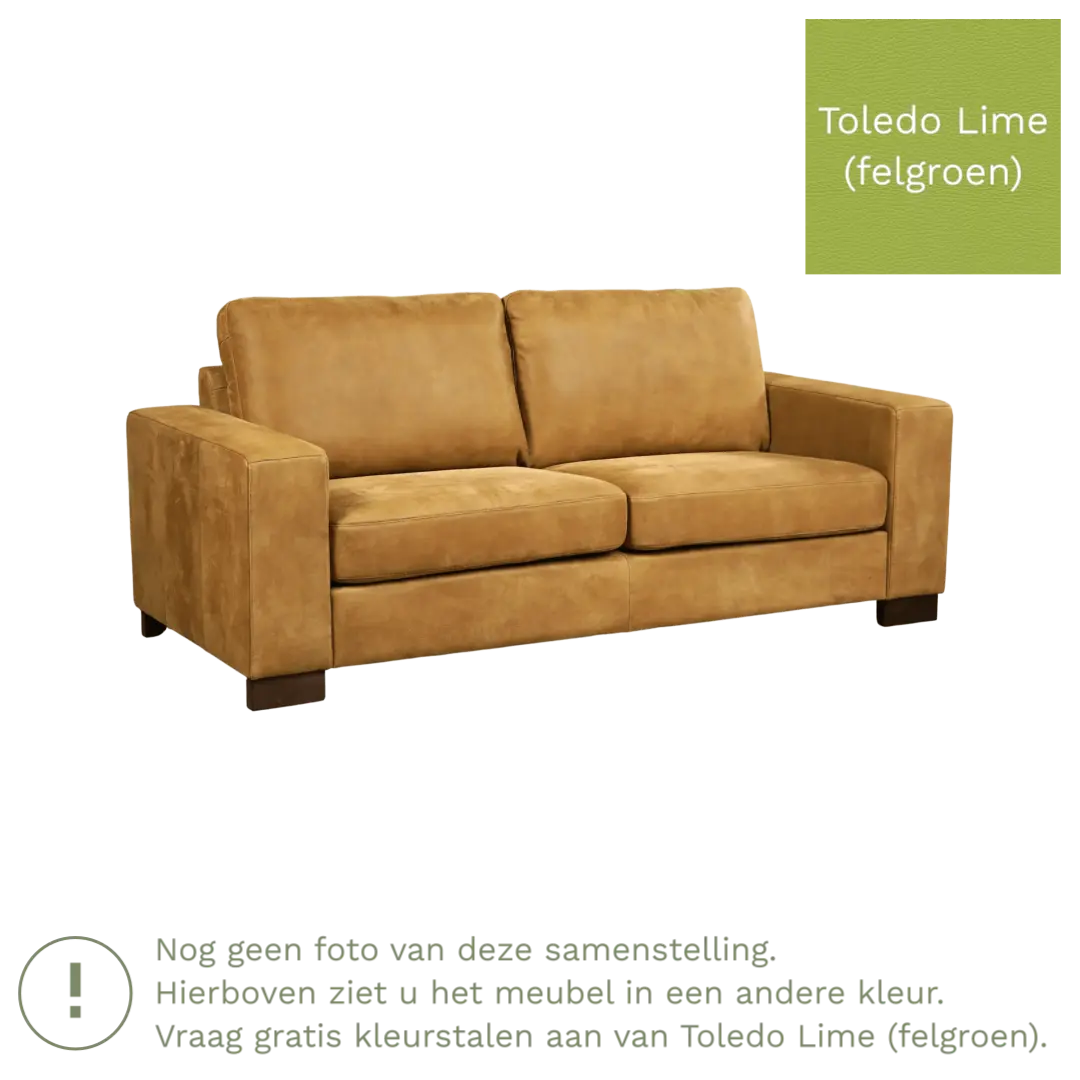afbeelding van Leren bank Enjoy - 2,5 zits - Toledo Lime (felgroen) - Poten hout bruin