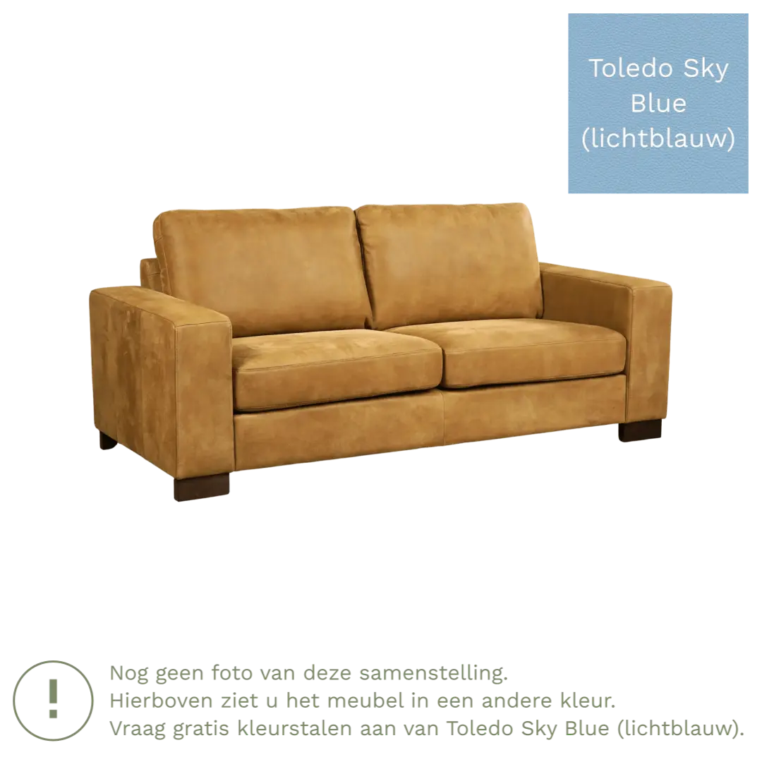 afbeelding van Leren bank Enjoy - 2,5 zits - Toledo Sky Blue (lichtblauw) - Poten hout bruin