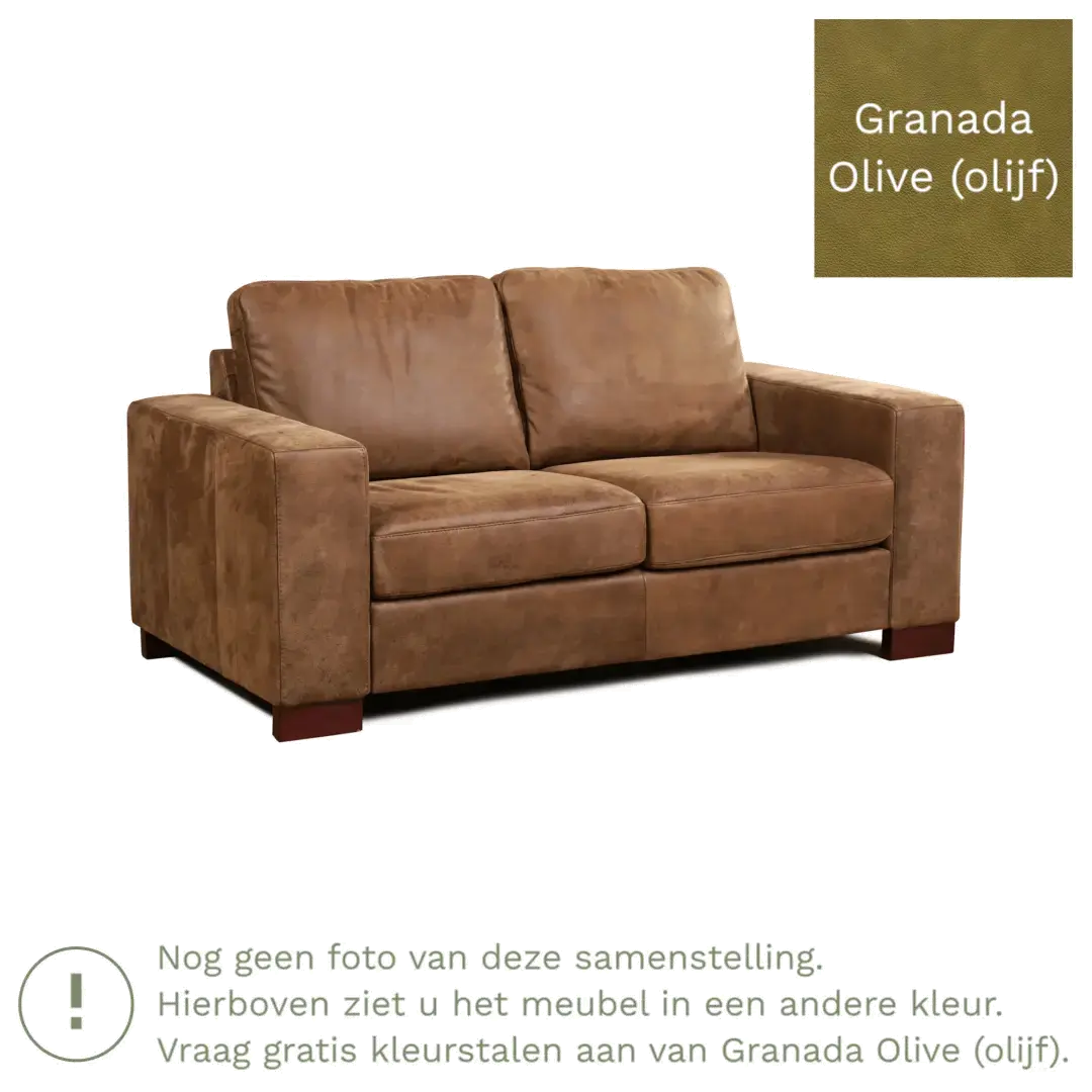 afbeelding van Leren bank Enjoy - 2 zits - Granada Olive (olijf) - Poten hout bruin