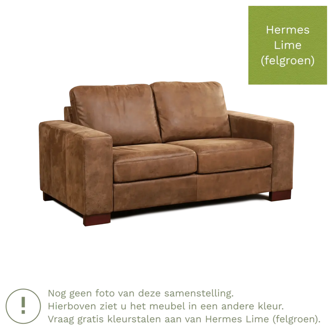 afbeelding van Leren bank Enjoy - 2 zits - Hermes Lime (felgroen) - Poten hout bruin