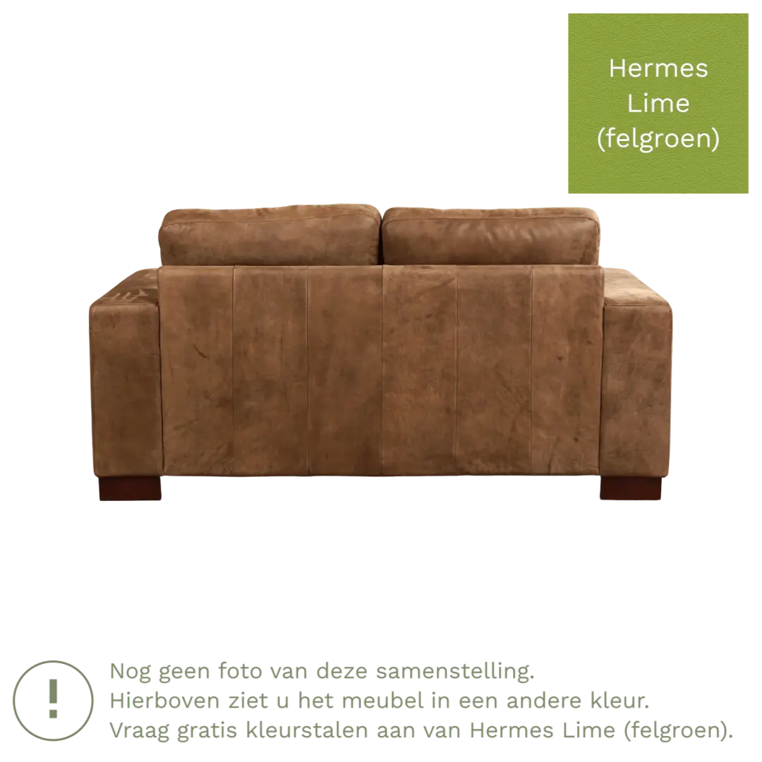 afbeelding van Leren bank Enjoy - 2 zits - Hermes Lime (felgroen) - Poten hout bruin