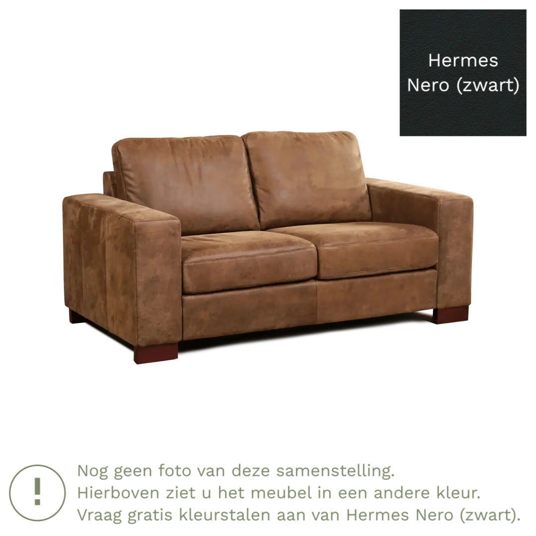 afbeelding van Leren bank Enjoy - 2 zits - Hermes Nero (zwart) - Poten hout bruin