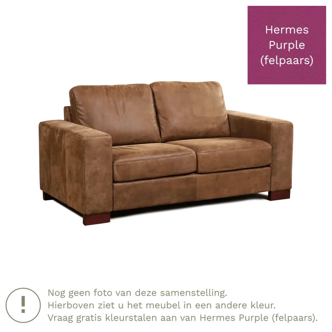 afbeelding van Leren bank Enjoy - 2 zits - Hermes Purple (felpaars) - Poten hout bruin
