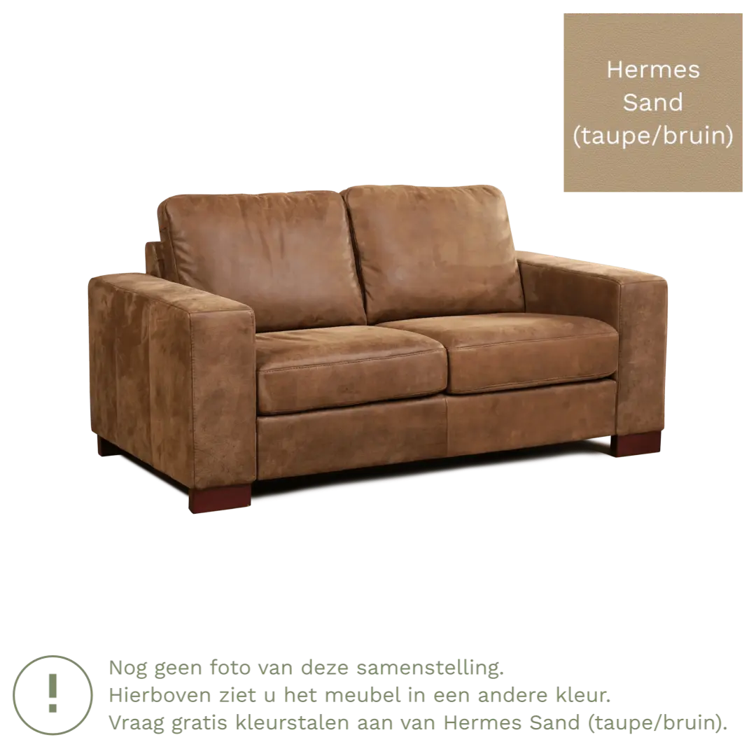 afbeelding van Leren bank Enjoy - 2 zits - Hermes Sand (taupe/bruin) - Poten hout zwart
