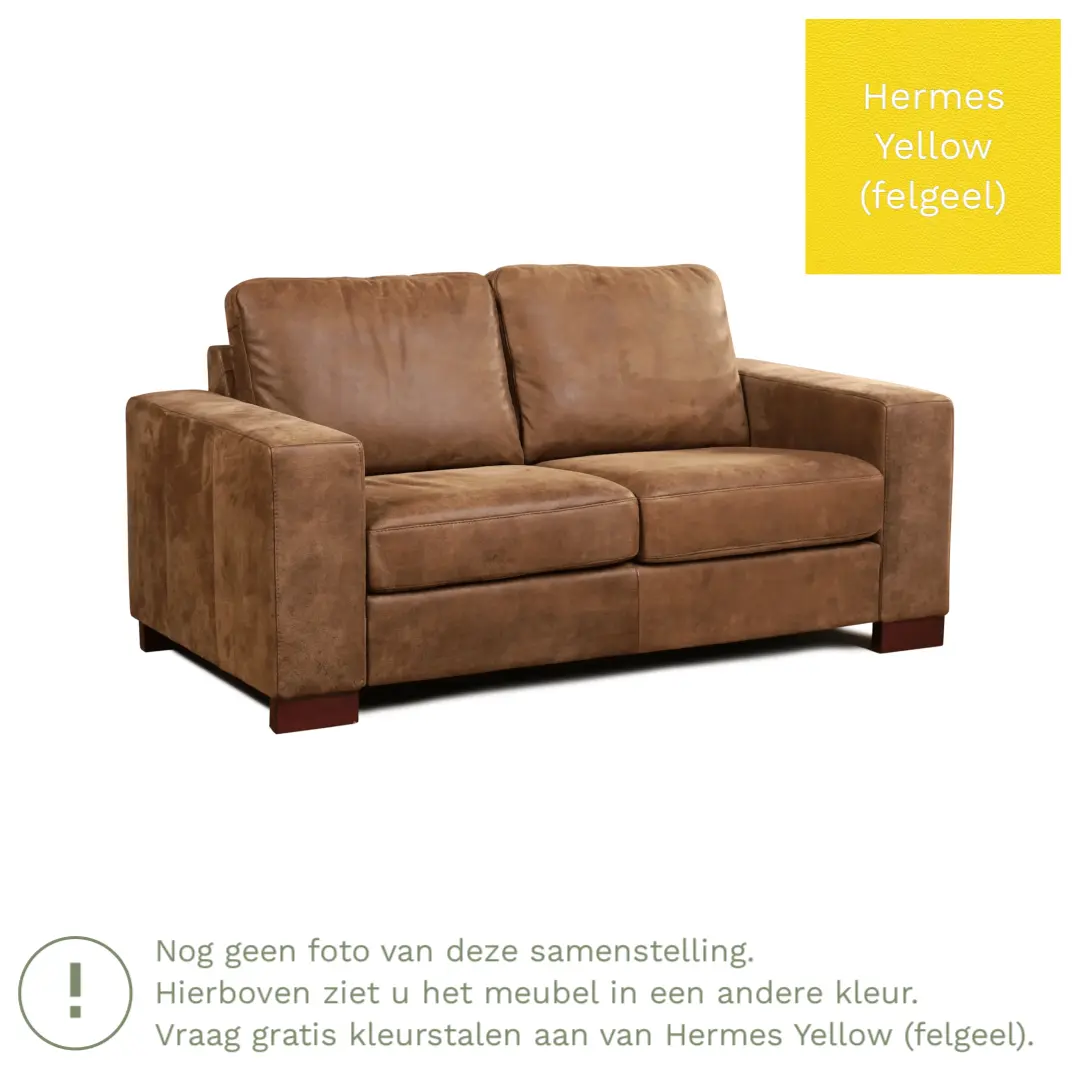 afbeelding van Leren bank Enjoy - 2 zits - Hermes Yellow (felgeel) - Poten hout bruin