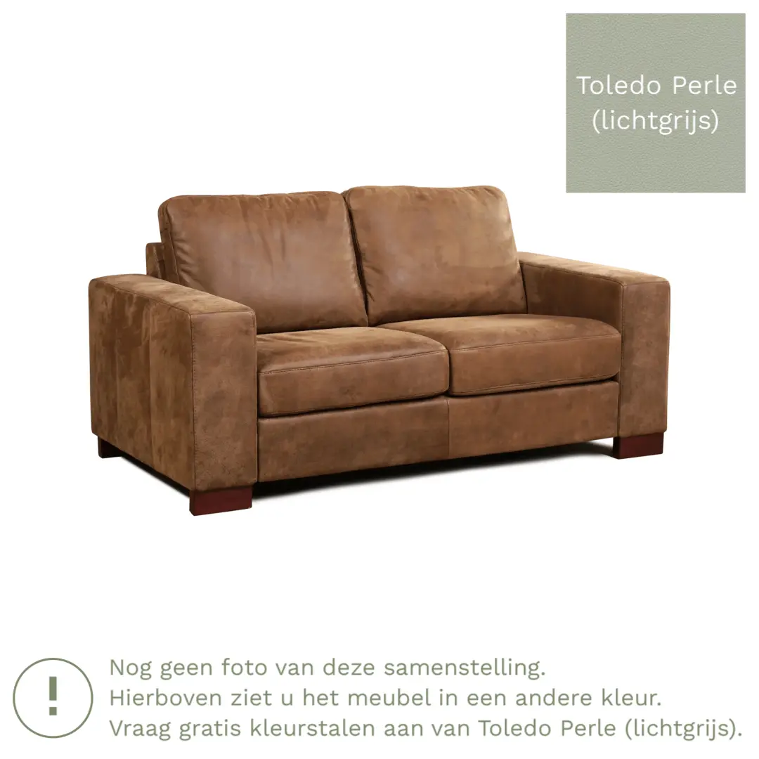 afbeelding van Leren bank Enjoy - 2 zits - Toledo Perle (lichtgrijs) - Poten hout bruin