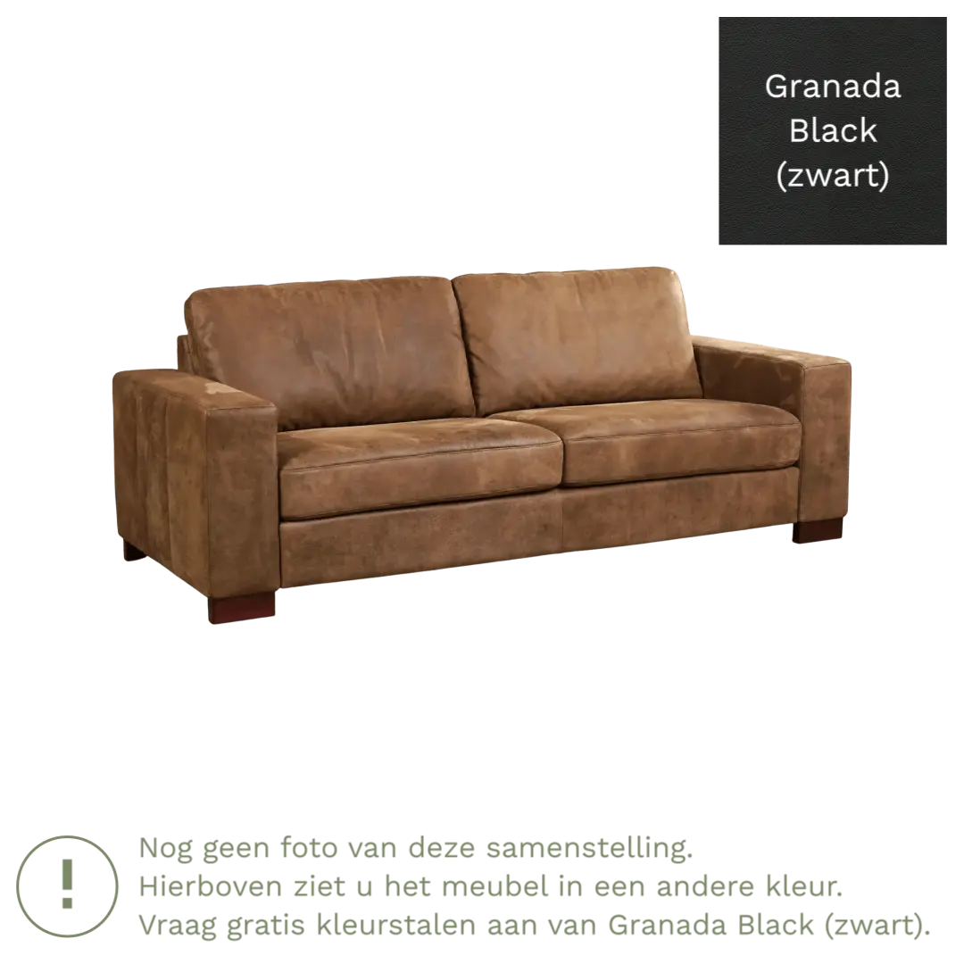 afbeelding van Leren bank Enjoy - 3 zits - Granada Black (zwart) - Poten hout bruin