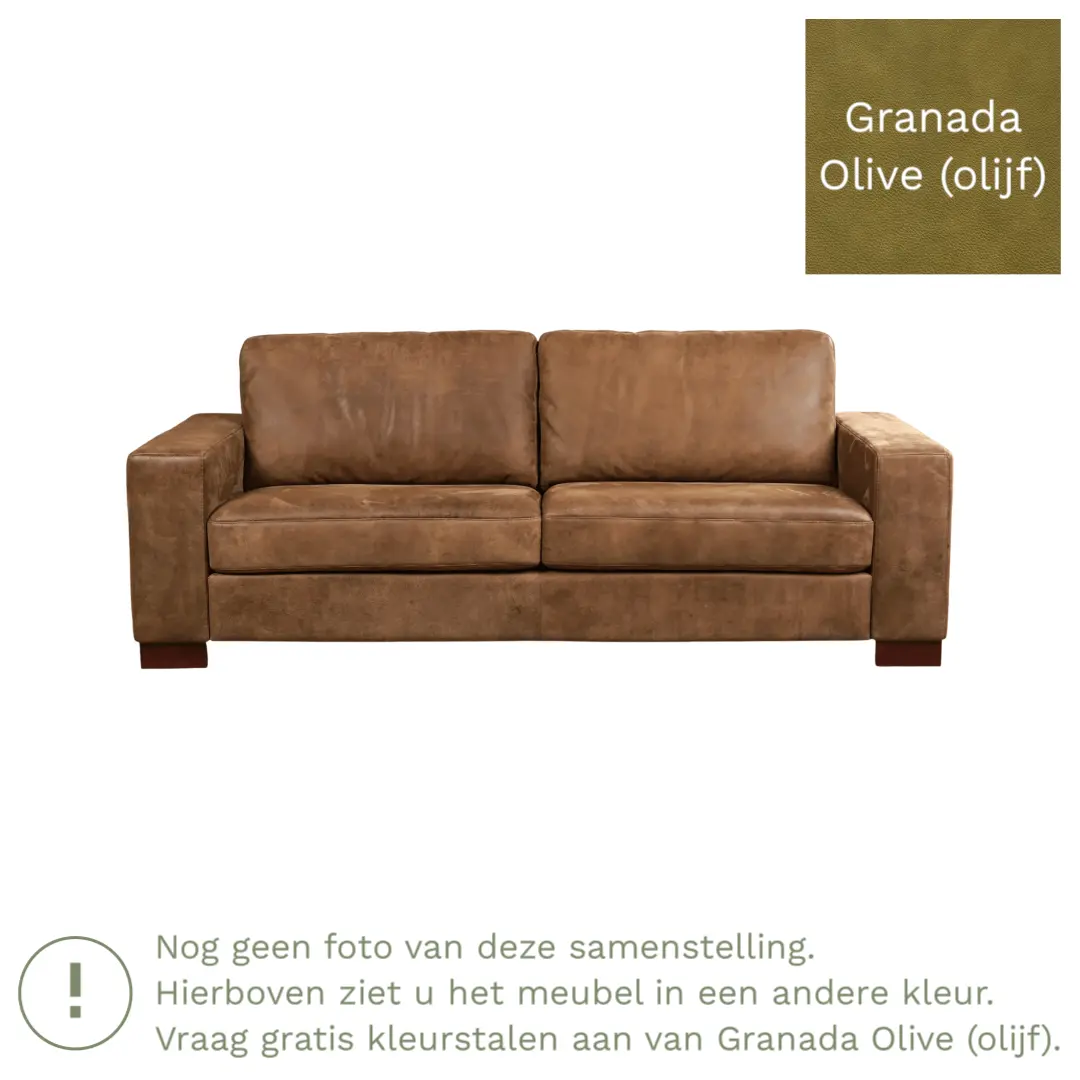 afbeelding van Leren bank Enjoy - 3 zits - Granada Olive (olijf) - Poten hout bruin