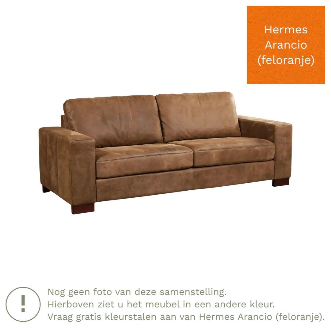 afbeelding van Leren bank Enjoy - 3 zits - Hermes Arancio (feloranje) - Poten hout bruin