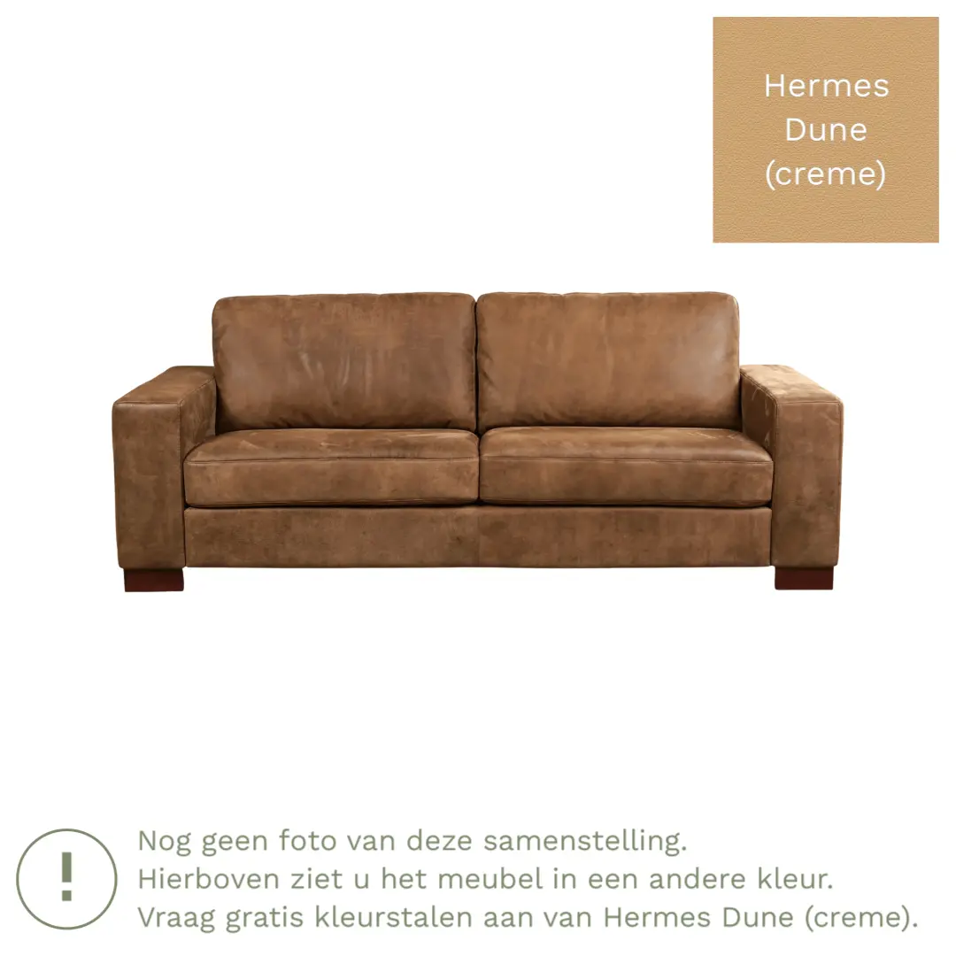 afbeelding van Leren bank Enjoy - 3 zits - Hermes Dune (crème) - Poten hout bruin