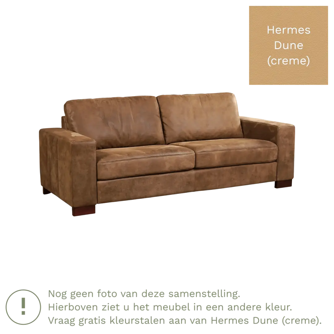 afbeelding van Leren bank Enjoy - 3 zits - Hermes Dune (crème) - Poten hout bruin