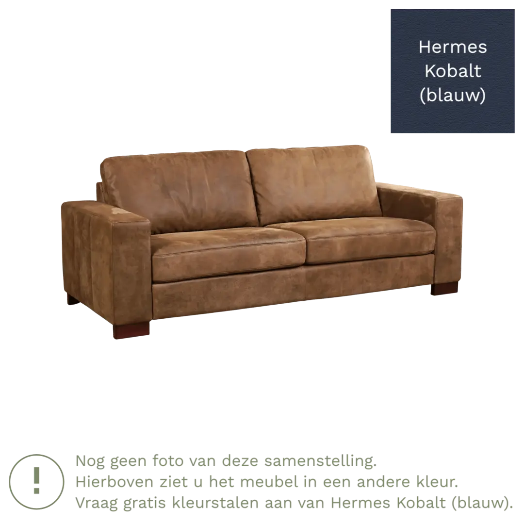 afbeelding van Leren bank Enjoy - 3 zits - Hermes Kobalt (blauw) - Poten hout bruin