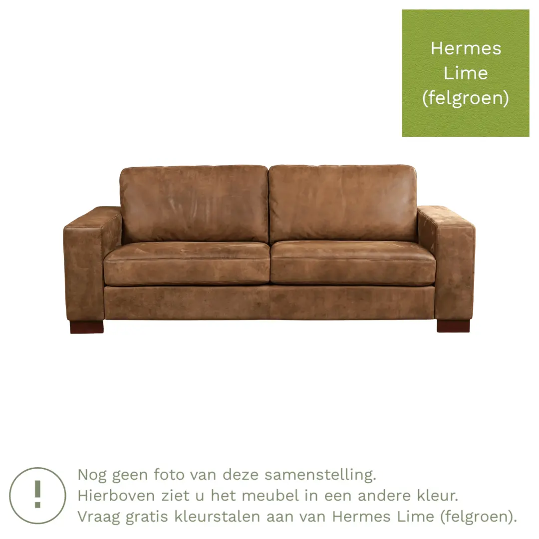 afbeelding van Leren bank Enjoy - 3 zits - Hermes Lime (felgroen) - Poten hout bruin