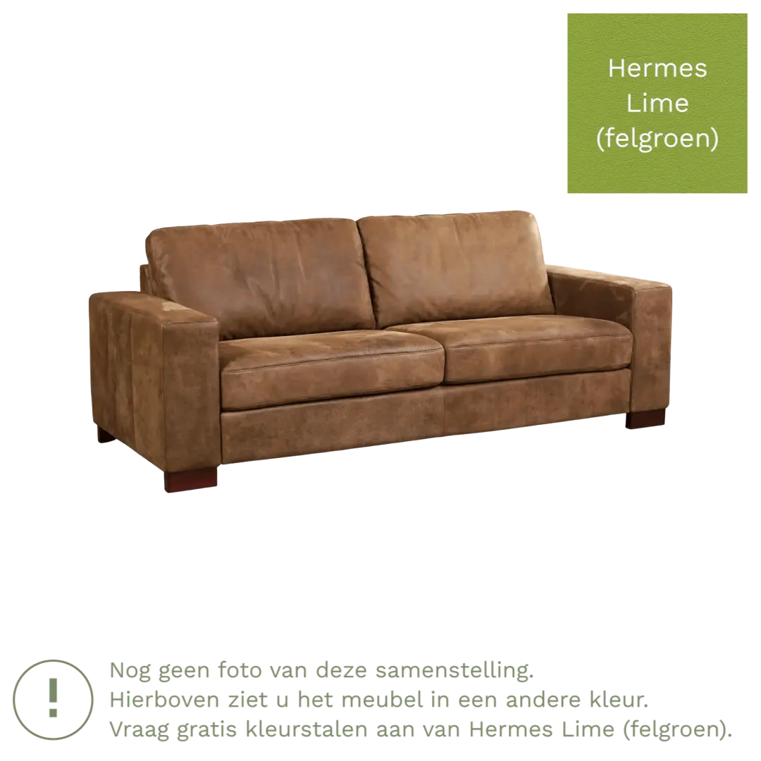 afbeelding van Leren bank Enjoy - 3 zits - Hermes Lime (felgroen) - Poten hout bruin