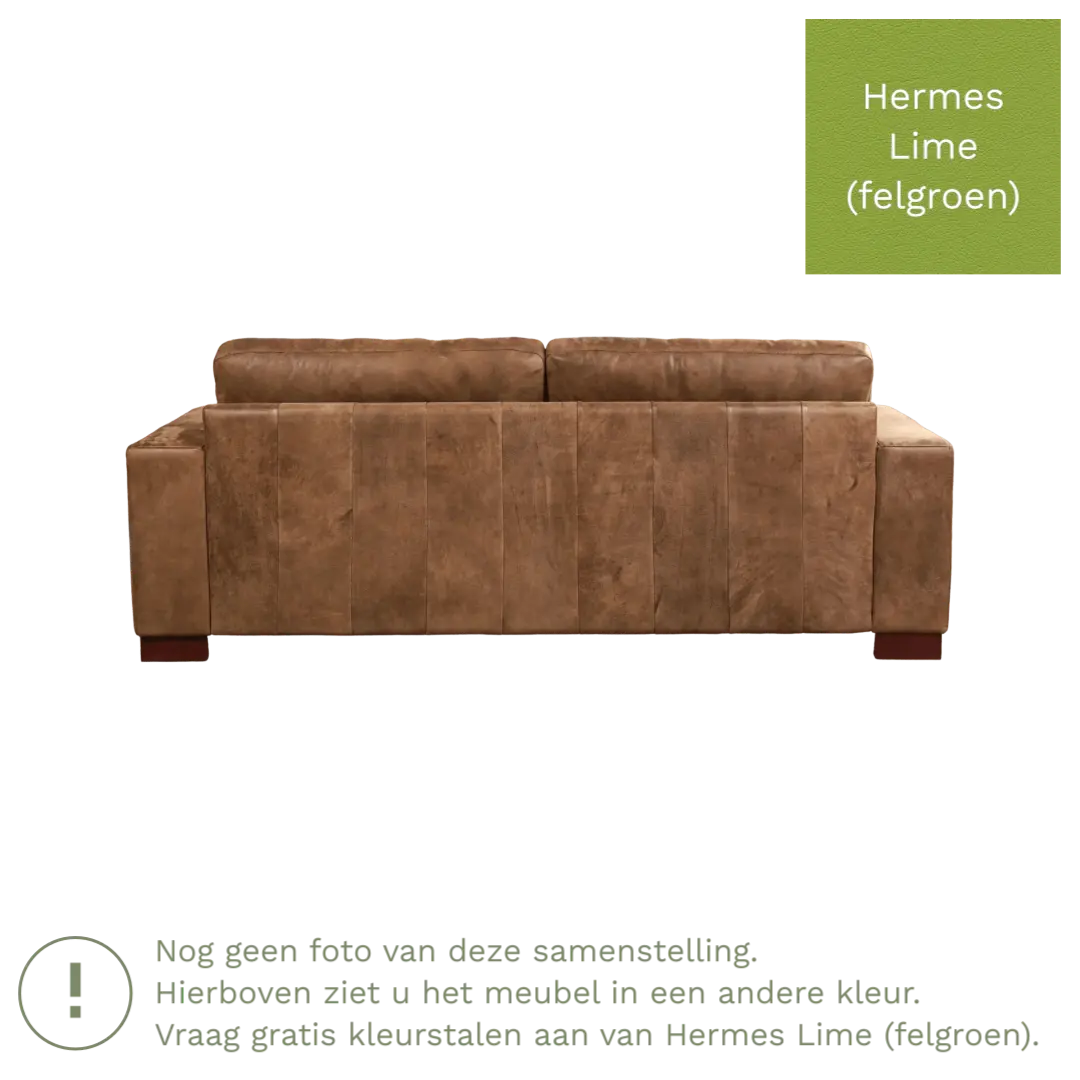 afbeelding van Leren bank Enjoy - 3 zits - Hermes Lime (felgroen) - Poten hout bruin