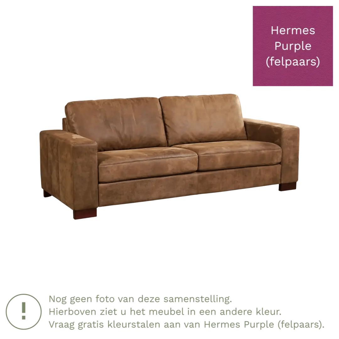 afbeelding van Leren bank Enjoy - 3 zits - Hermes Purple (felpaars) - Poten hout bruin