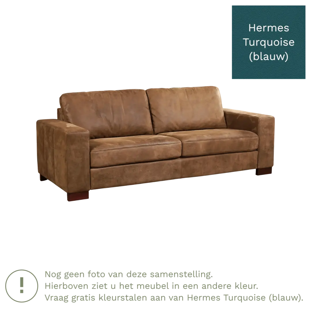 afbeelding van Leren bank Enjoy - 3 zits - Hermes Turquoise (blauw) - Poten hout bruin