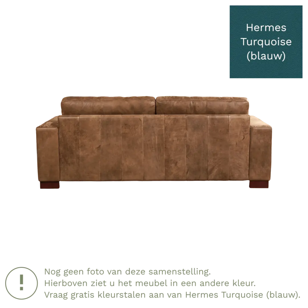 afbeelding van Leren bank Enjoy - 3 zits - Hermes Turquoise (blauw) - Poten hout bruin
