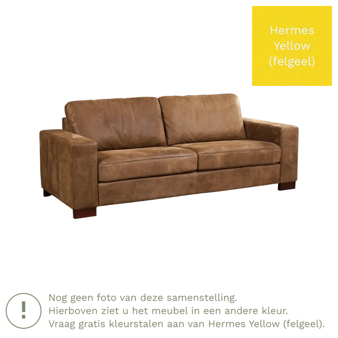 afbeelding van Leren bank Enjoy - 3 zits - Hermes Yellow (felgeel) - Poten hout bruin