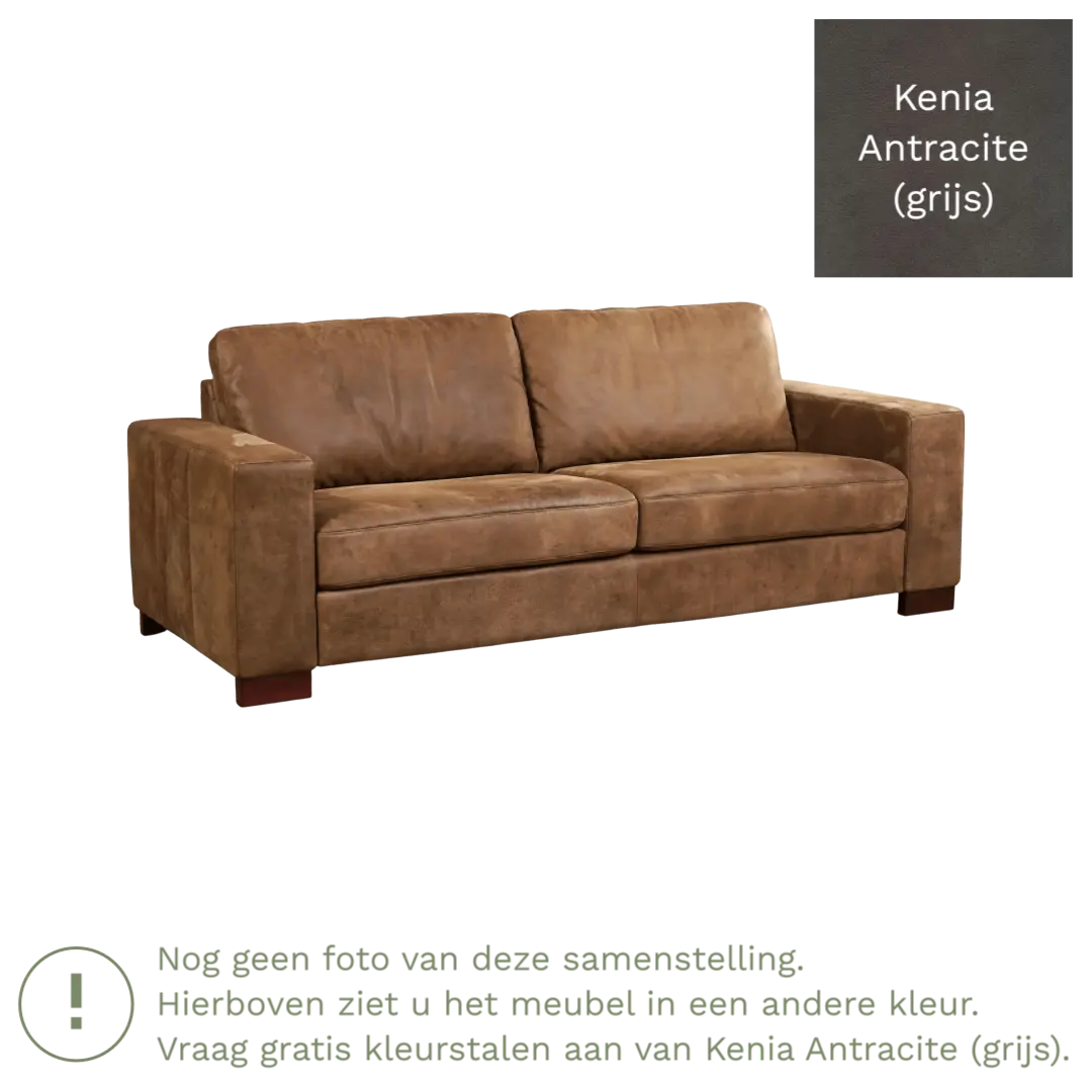 afbeelding van Leren bank Enjoy - 3 zits - Kenia Antracite (grijs) - Poten hout zwart