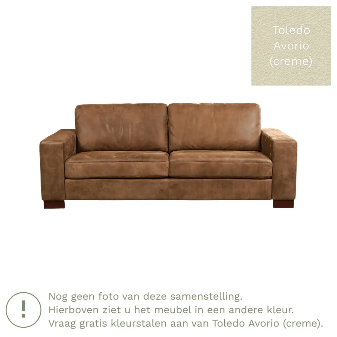afbeelding van Leren bank Enjoy - 3 zits - Toledo Avorio (crème) - Poten hout bruin
