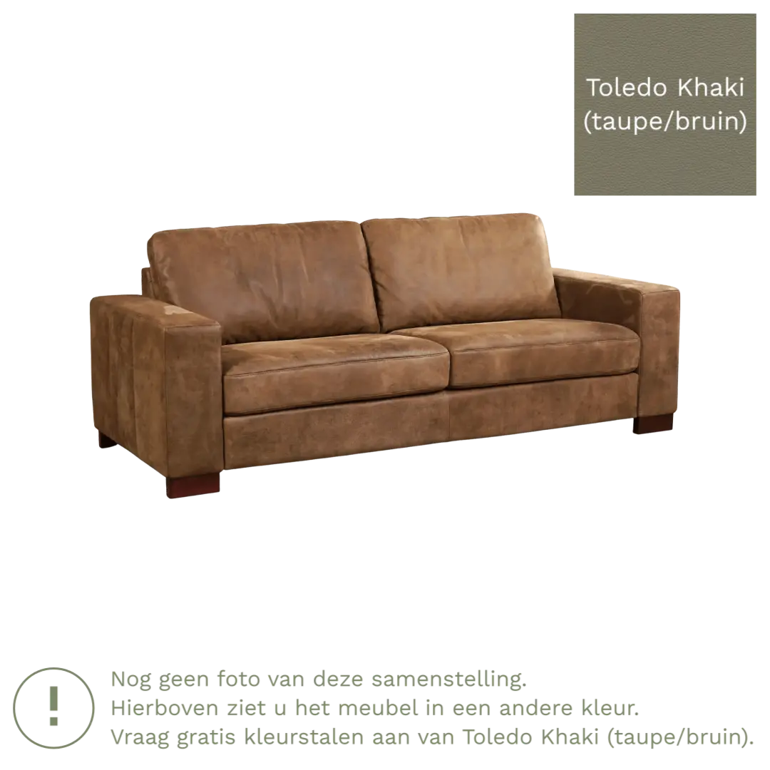 afbeelding van Leren bank Enjoy - 3 zits - Toledo Khaki (taupe/bruin) - Poten hout zwart