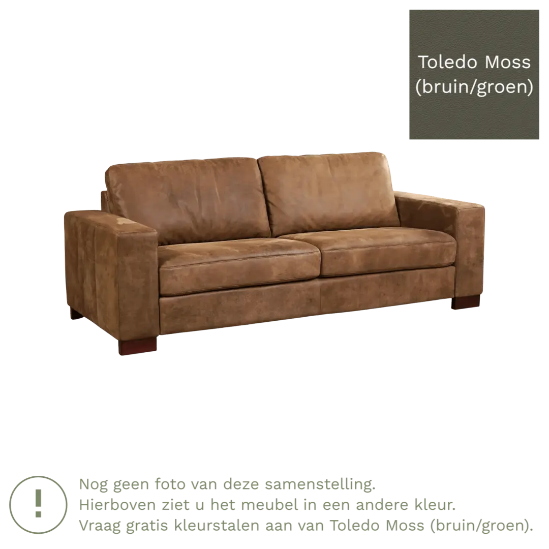 afbeelding van Leren bank Enjoy - 3 zits - Toledo Moss (bruin/groen) - Poten hout bruin