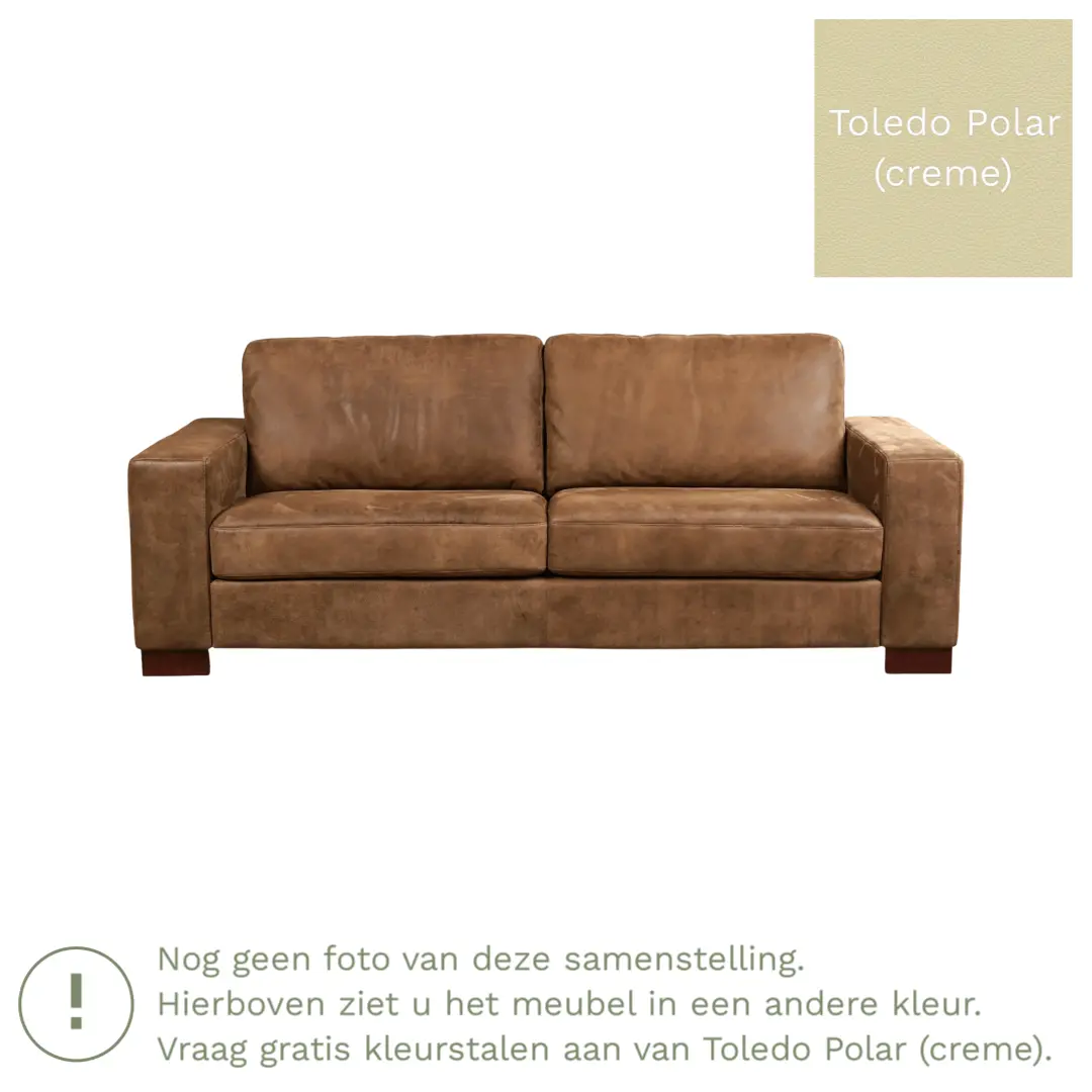 afbeelding van Leren bank Enjoy - 3 zits - Toledo Polar (crème) - Poten hout bruin