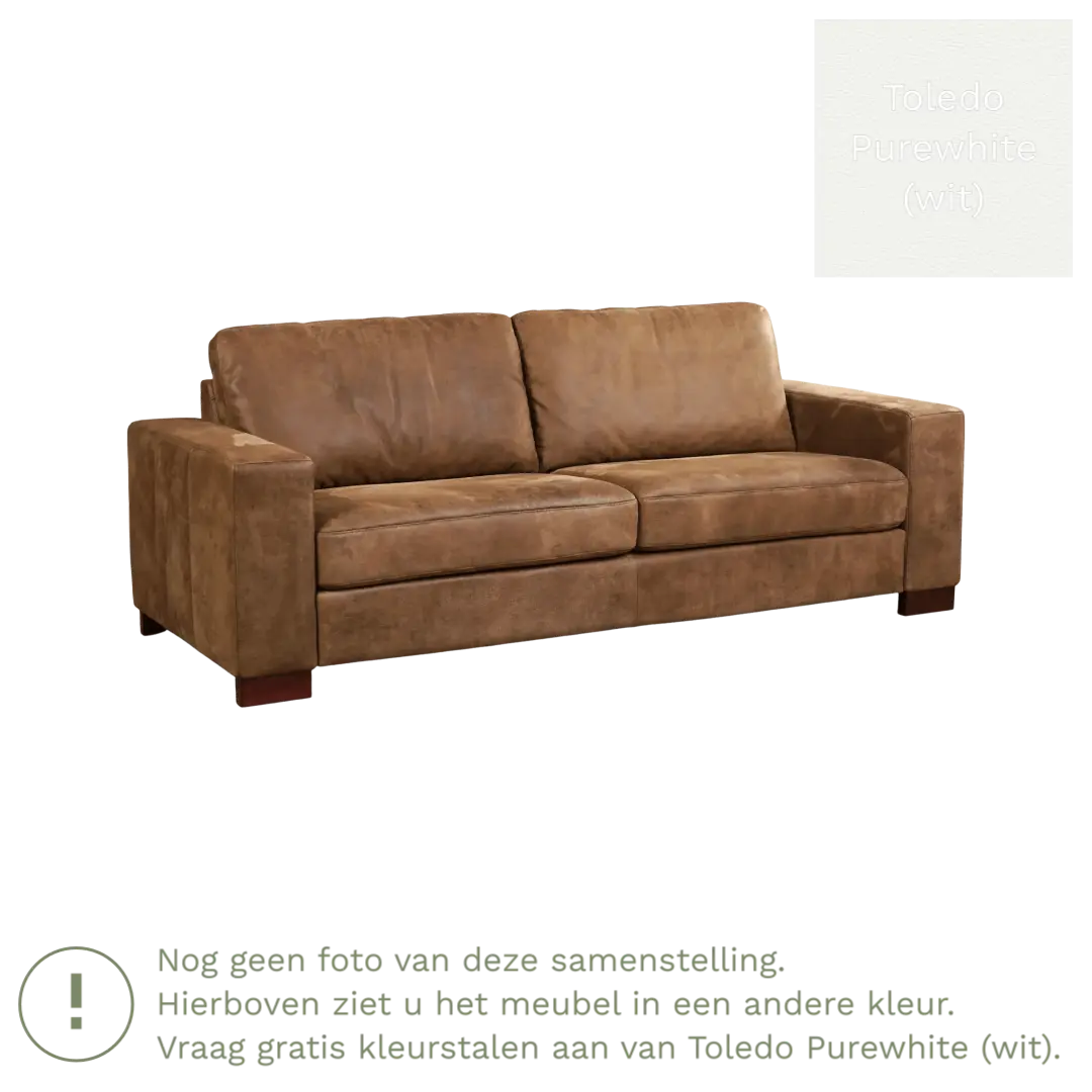afbeelding van Leren bank Enjoy - 3 zits - Toledo Purewhite (wit) - Poten hout bruin