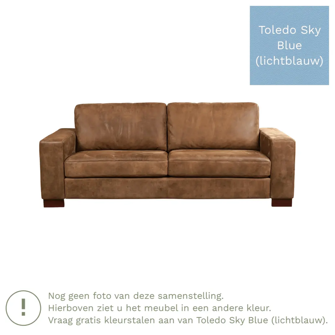 afbeelding van Leren bank Enjoy - 3 zits - Toledo Sky Blue (lichtblauw) - Poten hout bruin