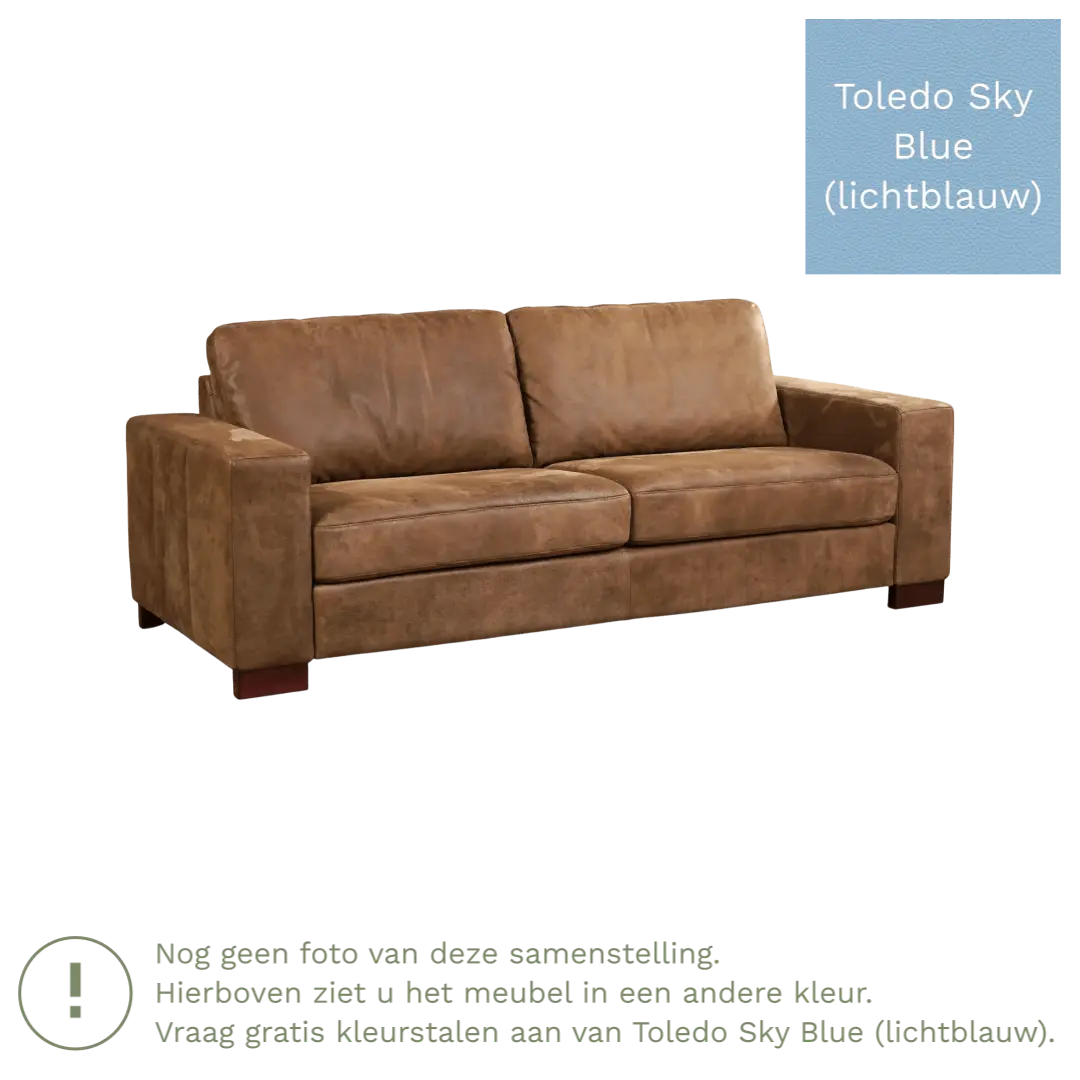 afbeelding van Leren bank Enjoy - 3 zits - Toledo Sky Blue (lichtblauw) - Poten hout bruin