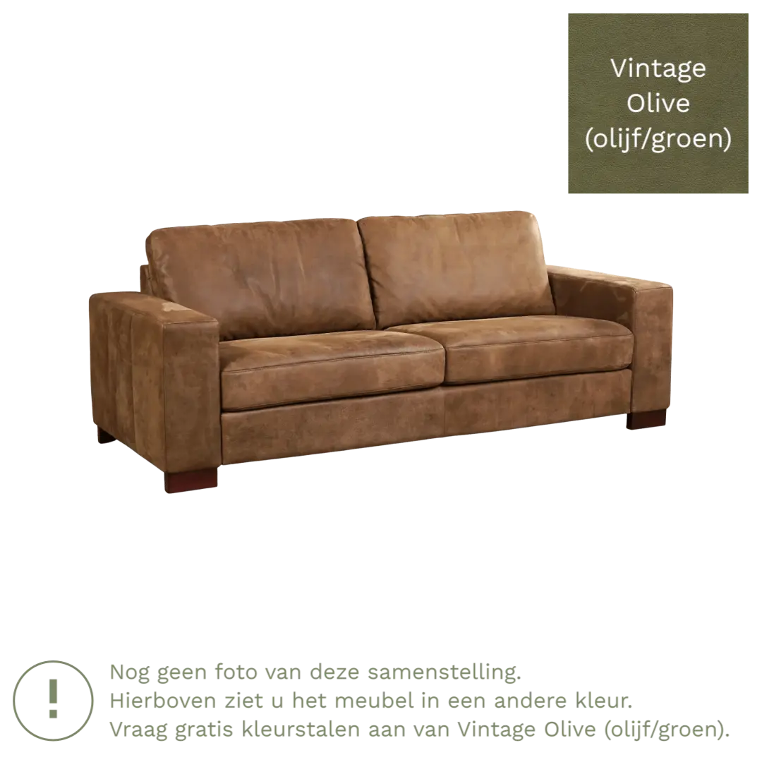 afbeelding van Leren bank Enjoy - 3 zits - Vintage Olive (olijf/groen) - Poten hout bruin