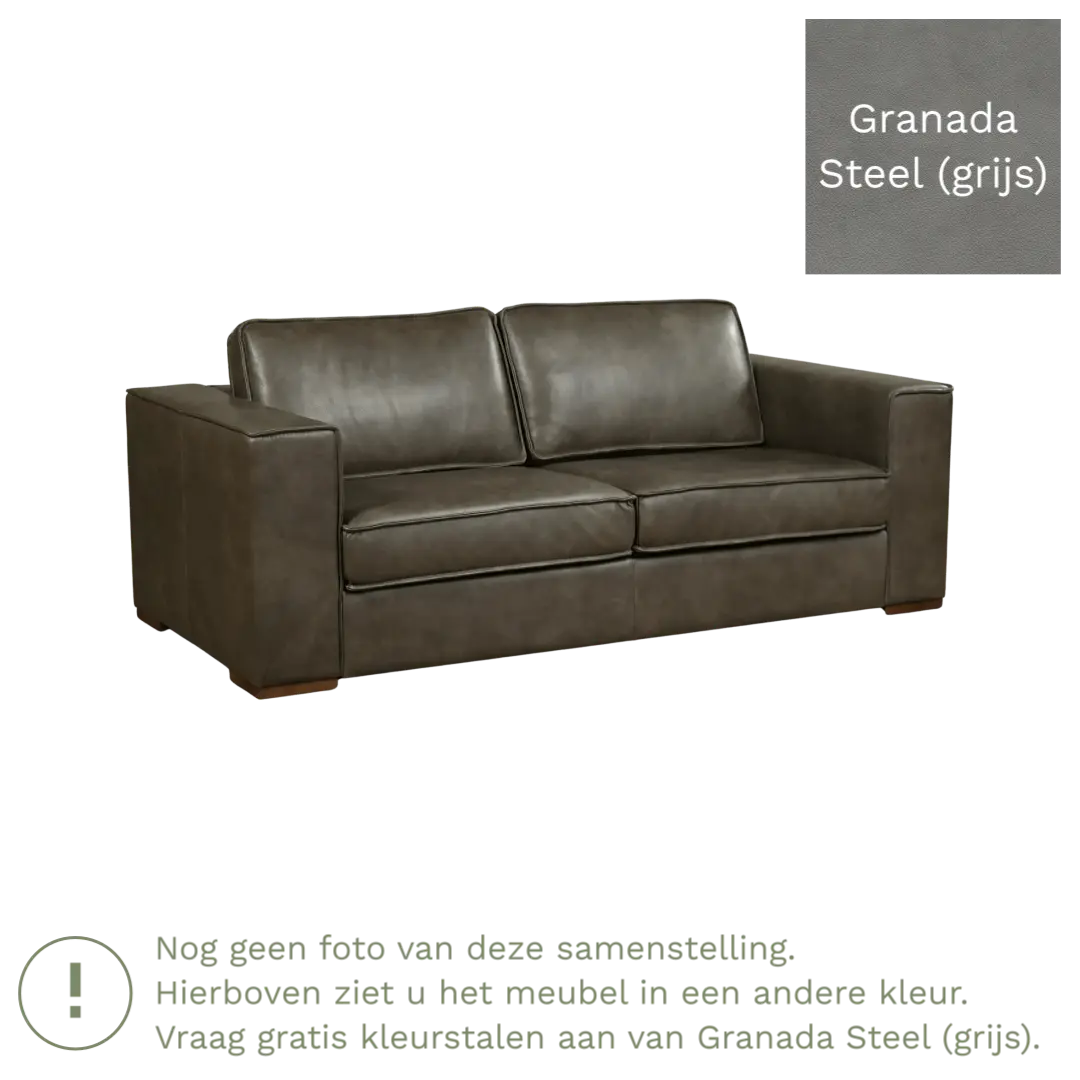 afbeelding van Leren bank Fine - 2,5 zits - Granada Steel (grijs) - Poten hout bruin
