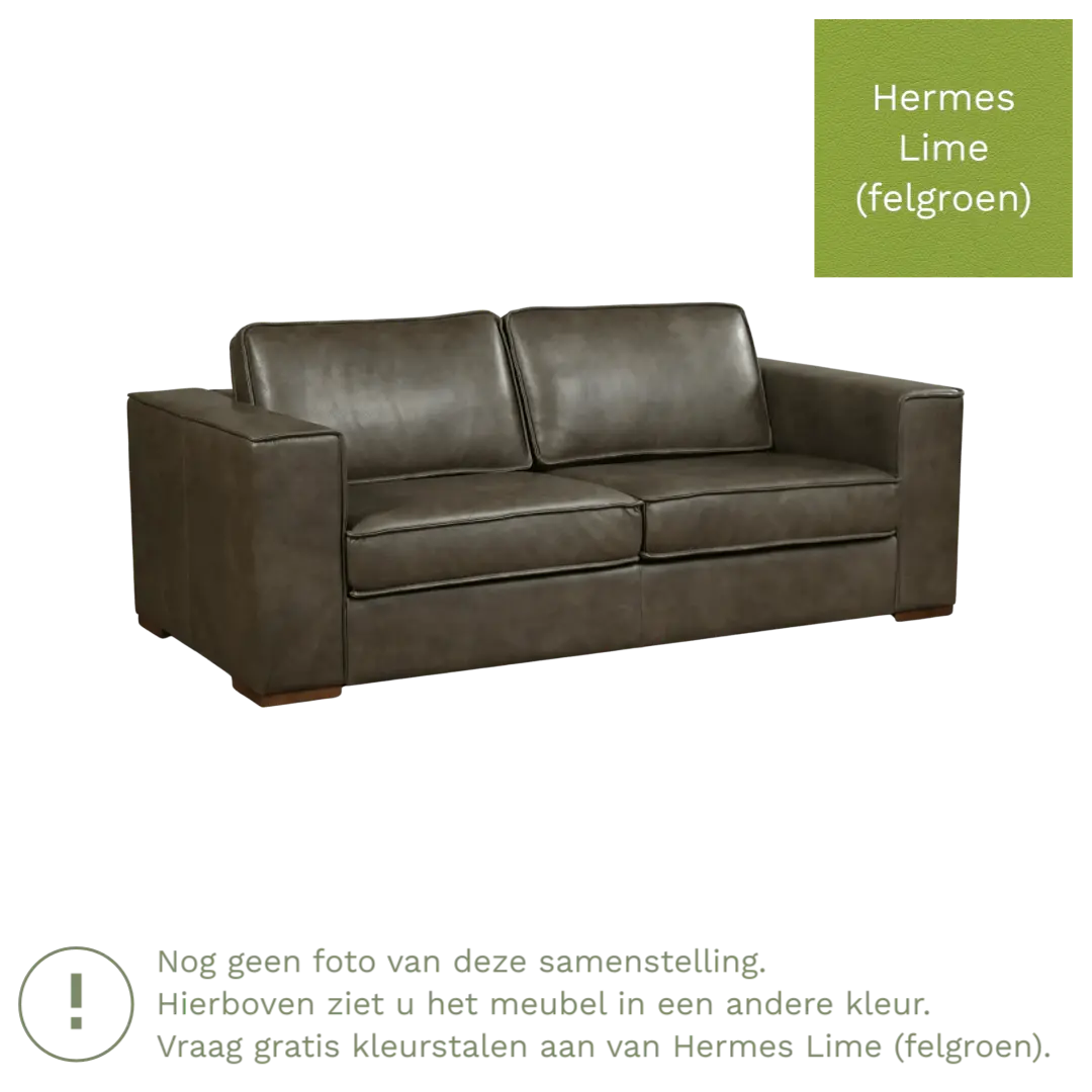 afbeelding van Leren bank Fine - 2,5 zits - Hermes Lime (felgroen) - Poten hout bruin
