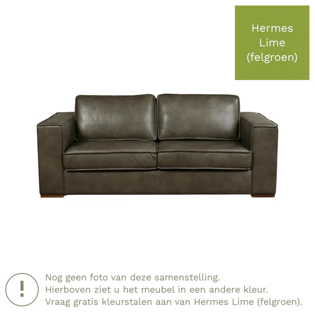 afbeelding van Leren bank Fine - 2,5 zits - Hermes Lime (felgroen) - Poten hout zwart