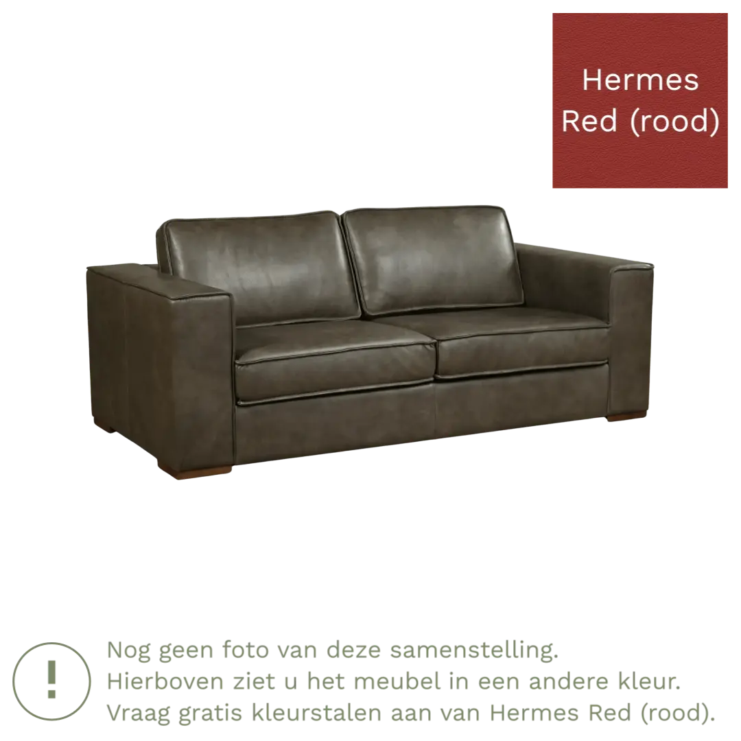 afbeelding van Leren bank Fine - 2,5 zits - Hermes Red (rood) - Poten hout bruin