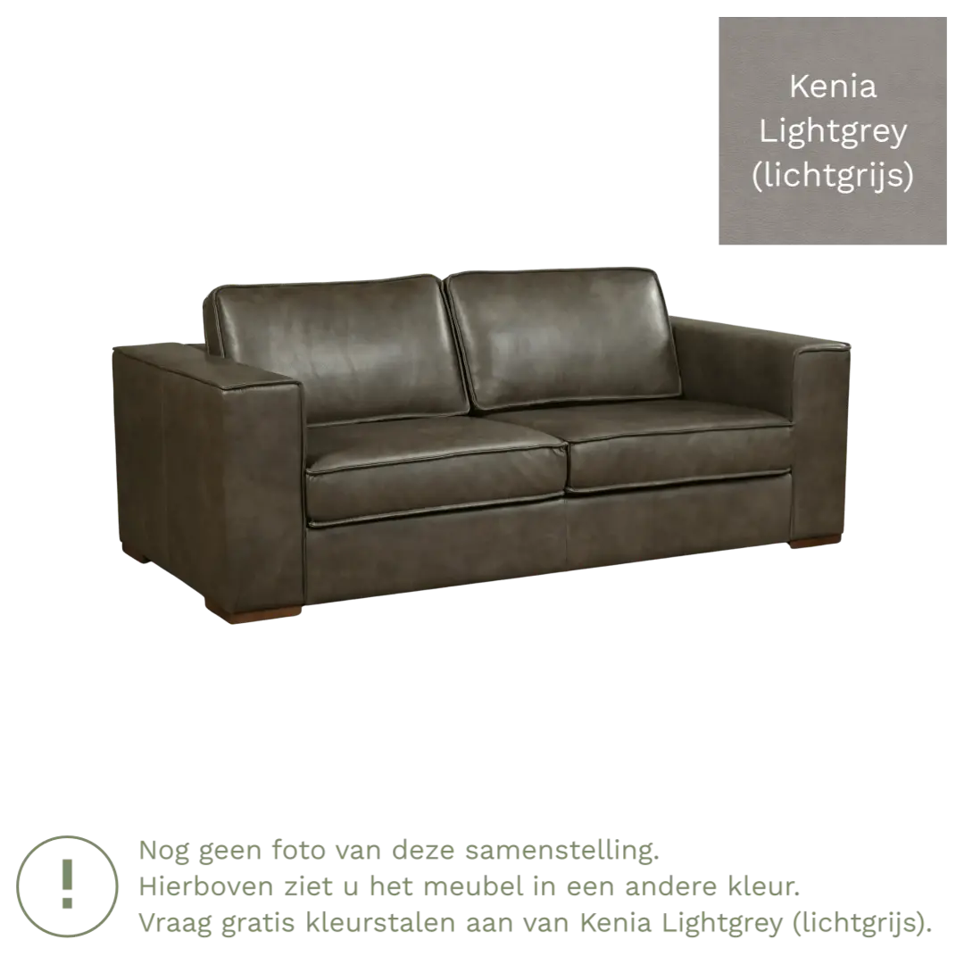 afbeelding van Leren bank Fine - 2,5 zits - Kenia Lightgrey (lichtgrijs) - Poten hout bruin