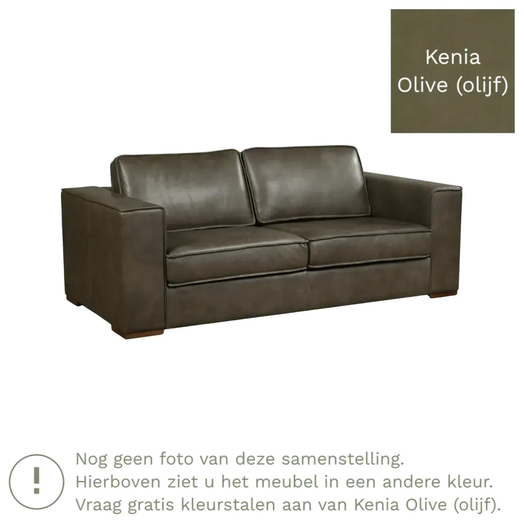 afbeelding van Leren bank Fine - 2,5 zits - Kenia Olive (olijf) - Poten hout zwart
