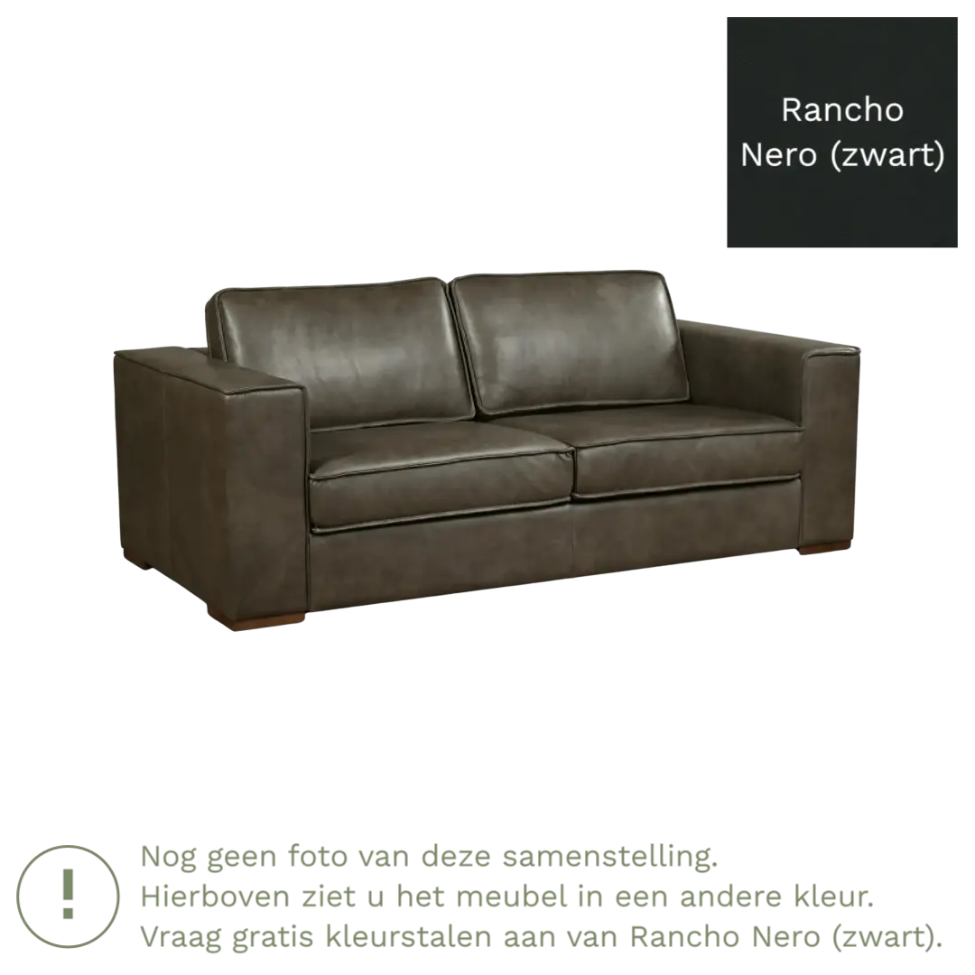 afbeelding van Leren bank Fine - 2,5 zits - Rancho Nero (zwart) - Poten hout zwart