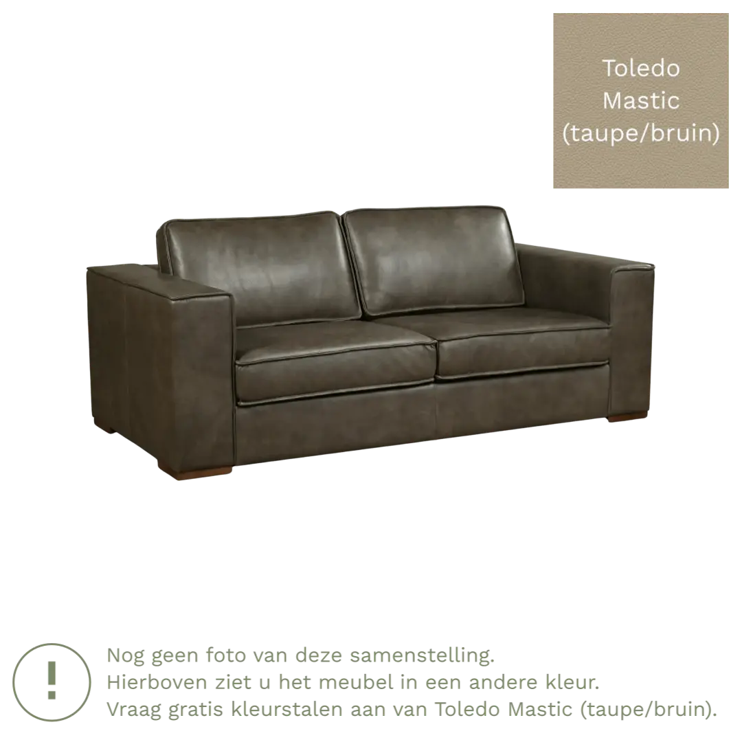 afbeelding van Leren bank Fine - 2,5 zits - Toledo Mastic (taupe/bruin) - Poten hout bruin