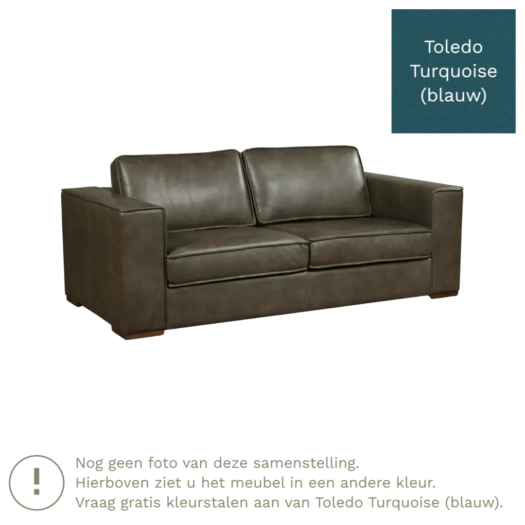 afbeelding van Leren bank Fine - 2,5 zits - Toledo Turquoise (blauw) - Poten hout bruin