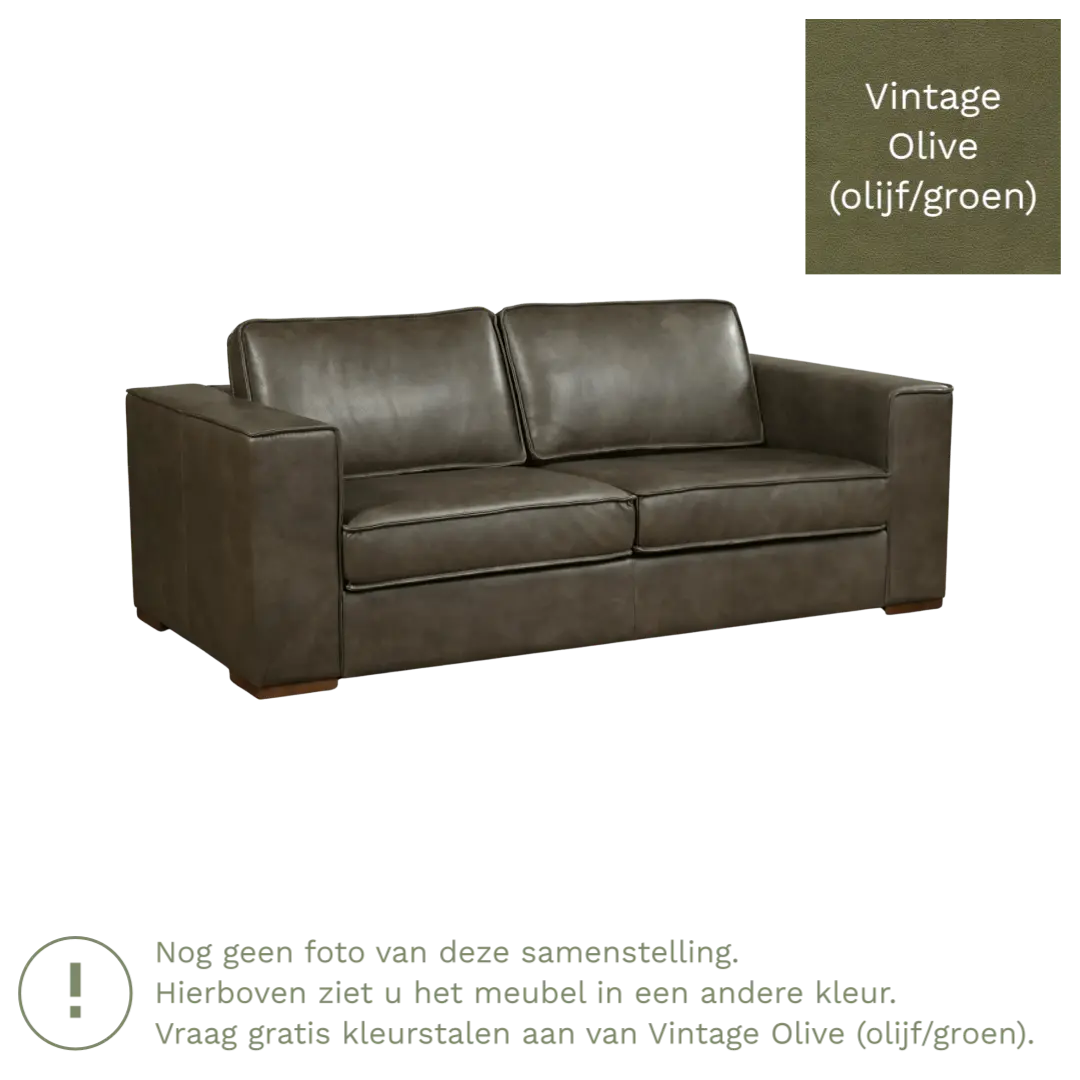afbeelding van Leren bank Fine - 2,5 zits - Vintage Olive (olijf/groen) - Poten hout bruin