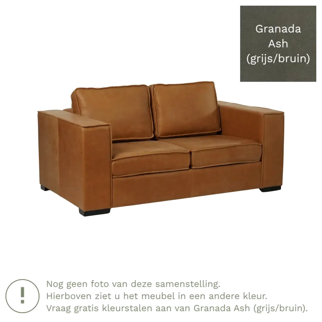 afbeelding van Leren bank Fine - 2 zits - Granada Ash (grijs/bruin) - Poten hout bruin