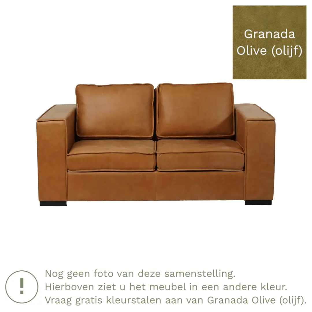 afbeelding van Leren bank Fine - 2 zits - Granada Olive (olijf) - Poten hout zwart
