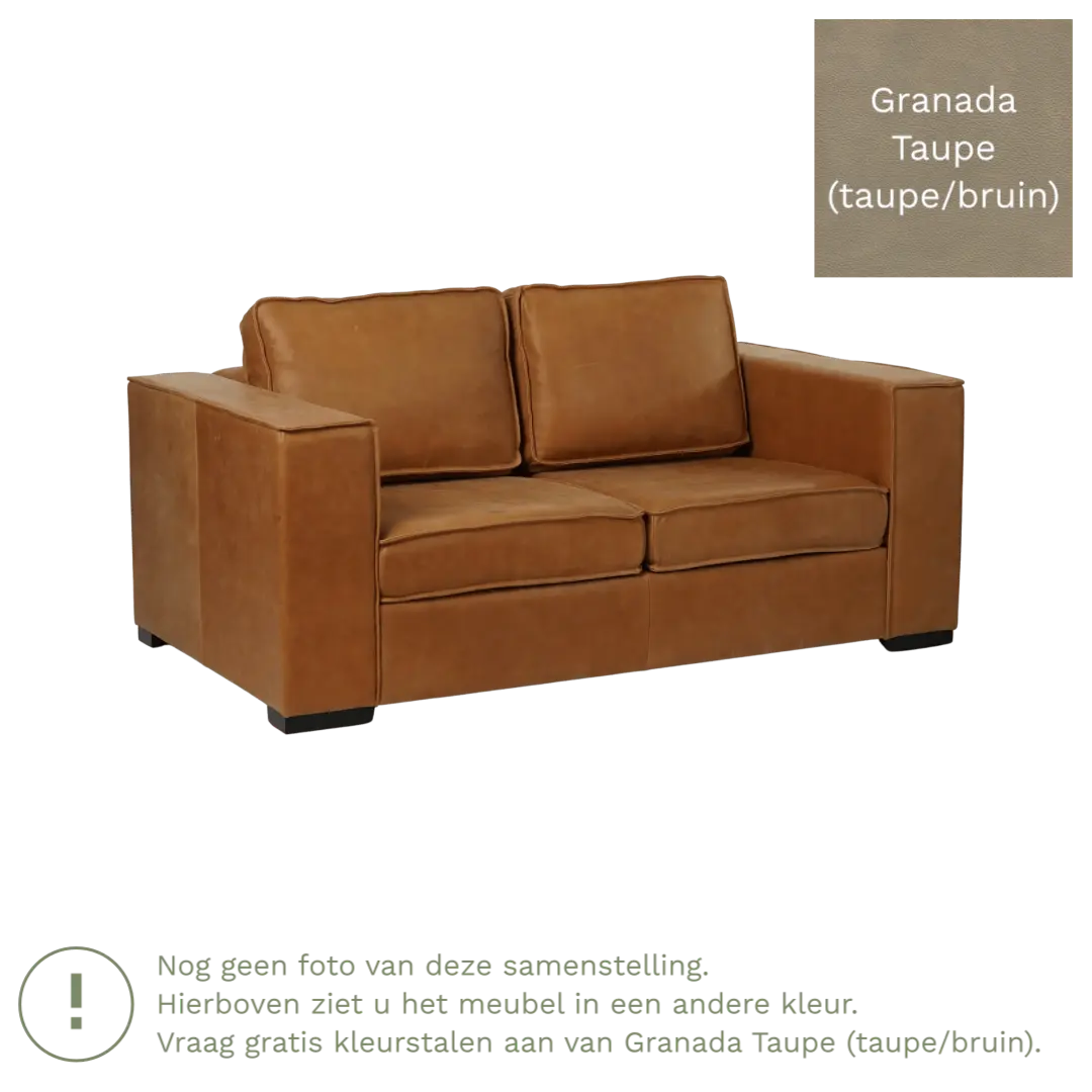 afbeelding van Leren bank Fine - 2 zits - Granada Taupe (taupe/bruin) - Poten hout bruin